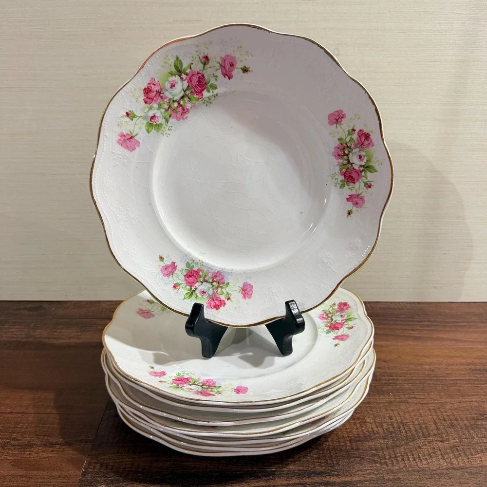 8 Antique Smith Phillips Lunch Plates Pink Rose Princess Porcelain Gold Trim